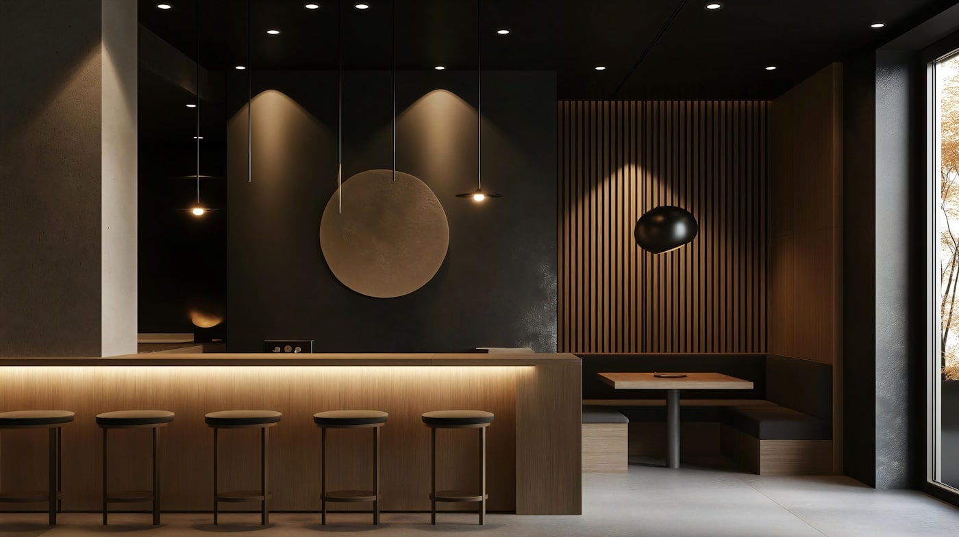 A bar counter and stools beneath shelves of glassware and bottles.